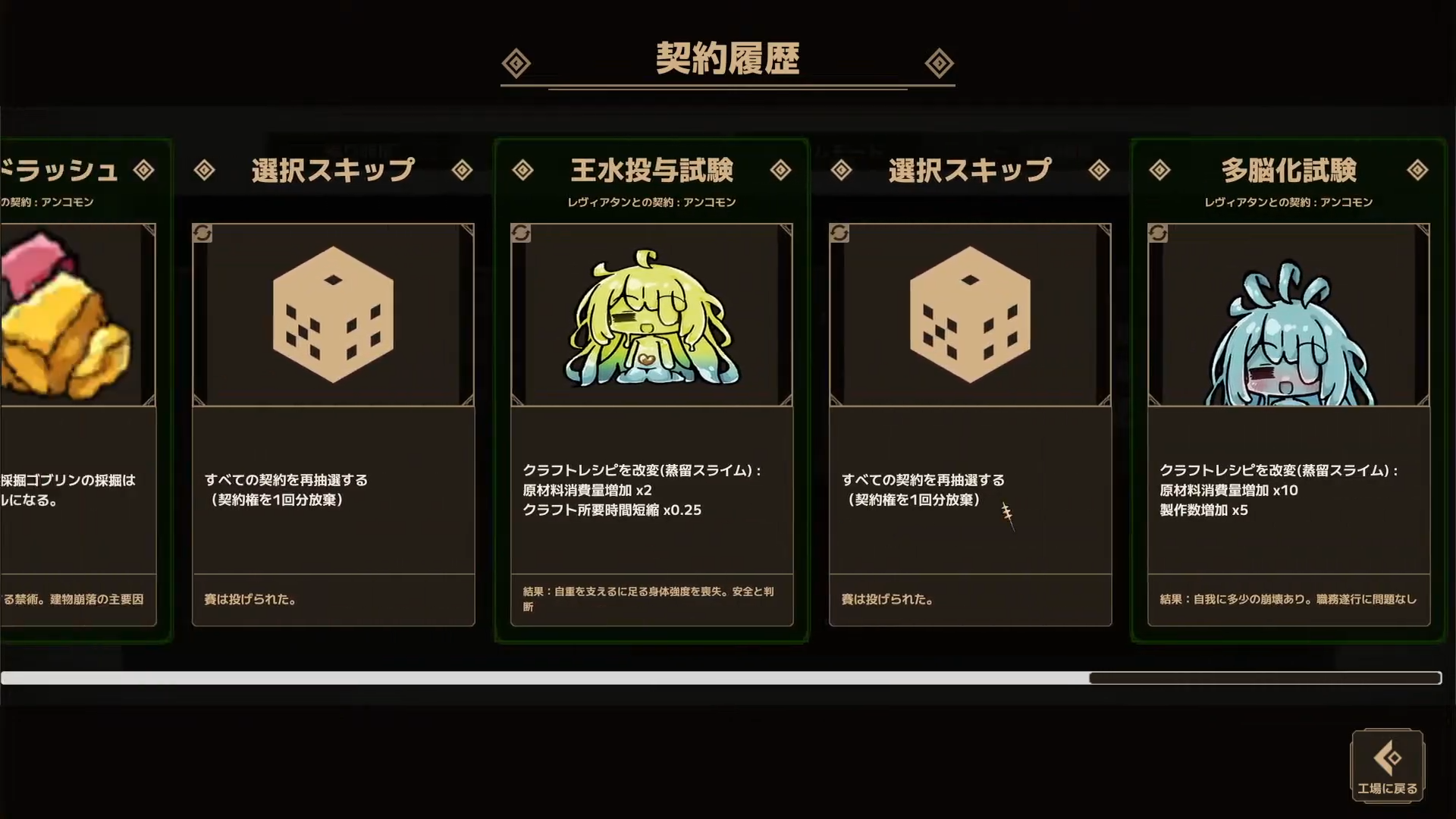 クリア後に確認した契約履歴の画面。王水投与試験と多能化試験が並んでいる