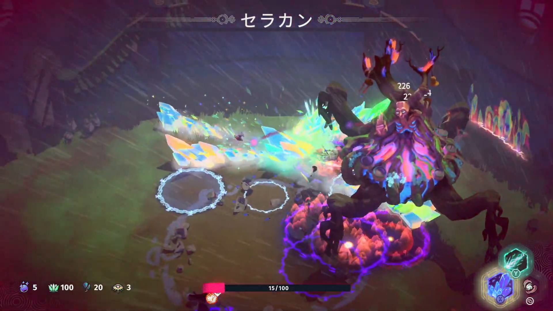 ボス戦で扇形多弾ヒットが決まった瞬間
